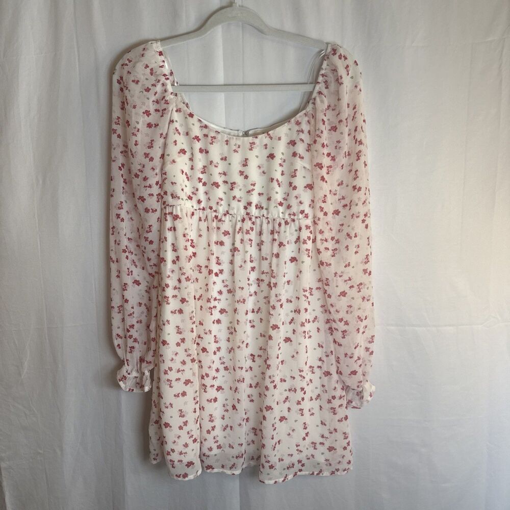 FRANCESCA'S MI AMI WHITE RED FLORAL LONG SLEEVE BABYDOLL DRESS Size XS Preowned